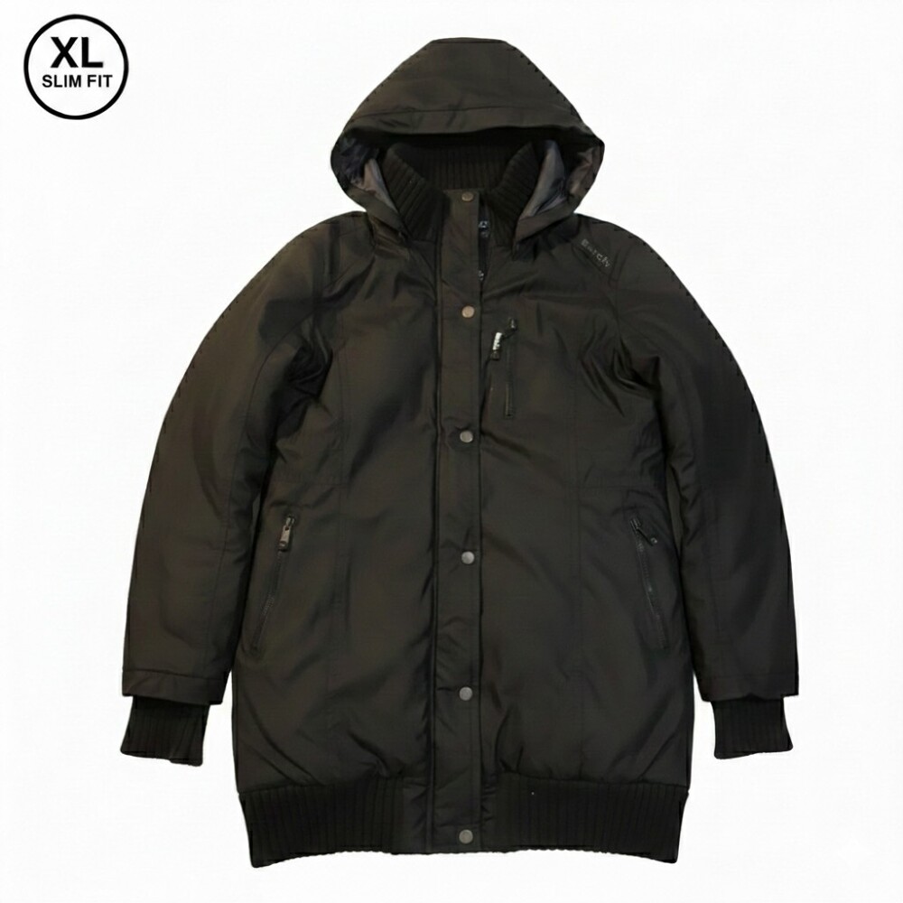 Bench Parka Jacket Black Hooded Logo Zip Button Men's XL Slim Fit